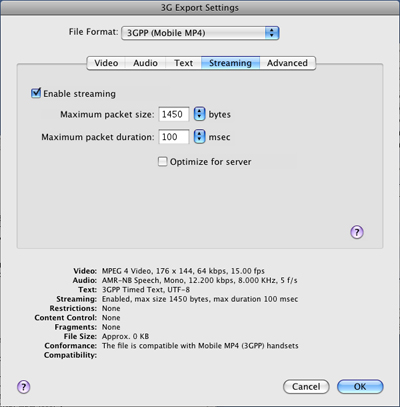 PcP Encodings - 3GPP (Mobile MP4) Download - Streaming Settings